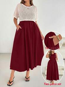 SHEIN Essnce Ple-Size 女士夏季两件套，夏季休闲套装，连衣裙衬衫套装，短袖套装，黑色长款连衣裙两件套 - 酒紅色 - 查看 8