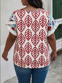 Weeklong Plus Size Women's Casual Vacation Floral Print Contrast Trim Petal Sleeve Shirt, Spring/Summer Gym Brown - Multicolor - View 2