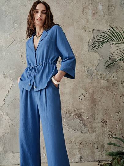 Aveloria Modichic Women's Linen-Like V-Neck Loose Blazer And Wide Leg Pants Set, Light Blue 2-Piece Outfit, Relaxed Silhouette, V-Neck Collar, Spaghetti Strap Lining, Drawstring Waist, 3/4 Sleeve Cuffed, Straight Loose Pants, Linen-Cotton Blend Fabric, Lightweight, Casual Resort Style, Daily Wear, Summer Comfort, Minimalist Effortless Vibe, Natural Drape, Spring/Autumn Transitional, Fresh Artistic Aesthetic, Holiday Leisure Wear