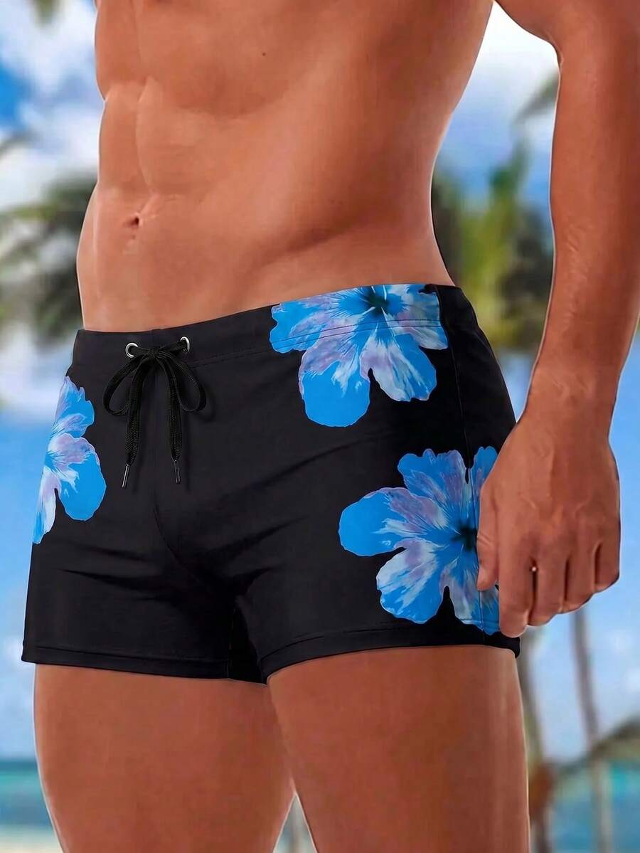 Manfinity Swimmode 男士流行印花弹力腰带休闲游泳池运动泳裤 - 彩色 - 查看 1