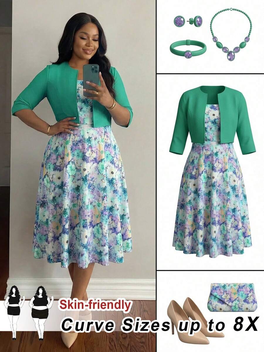SHEIN CURVE+ Bộ áo khoác và váy màu xanh lá cây dáng rộng, thanh lịch, phù hợp cho đám cưới, hẹn hò, tiệc tùng và kỳ nghỉ. - Nhiều màu - Xem 1