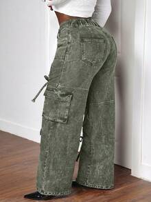 Slaydiva Plus Size Women Cargo Pocket Button Casual Versatile Daily Wear Wide Leg Jeans Brown Spring - Army Green - View 2