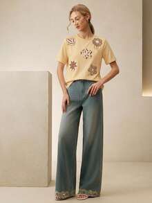 Anewsta Sequin Applique Bubble Bead Decor Round Neck Short Sleeve T-Shirt, Summer - Khaki - View 6