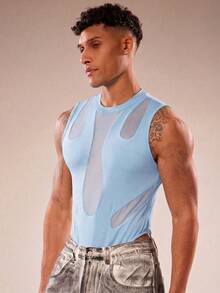 FeverCity Bodysuit Tanpa Lengan Seksi Pria dengan Motif Jala dan Patchwork - Biru - View 5