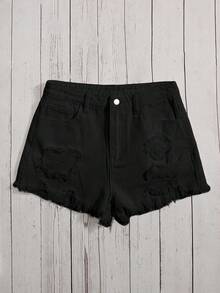 SHEIN Teen Girls' Casual Solid Color Distressed Denim Shorts, Summer - Black - View 2