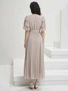 Heiryn Women's Elegant Pleated Tie-Waist Ruffle Sleeve Dress - Coffee - View 6