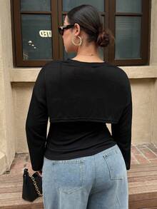 Dazy Petite Plus Women's Black Long Sleeve T-Shirt Cover Up, Spring/Summer - Black - View 2
