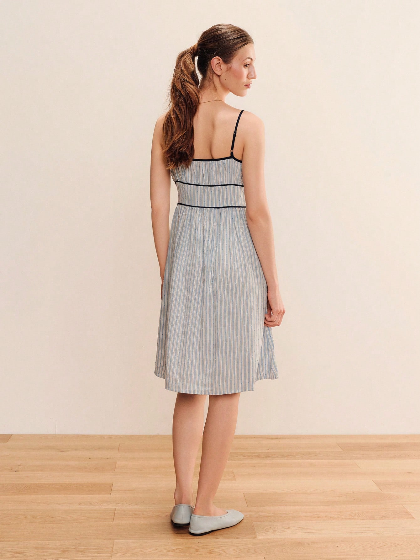 Blue Stripe Midi Summer Dress With Contrast Piping Detail And Bow Cute Vintage Casual Holiday Dress
