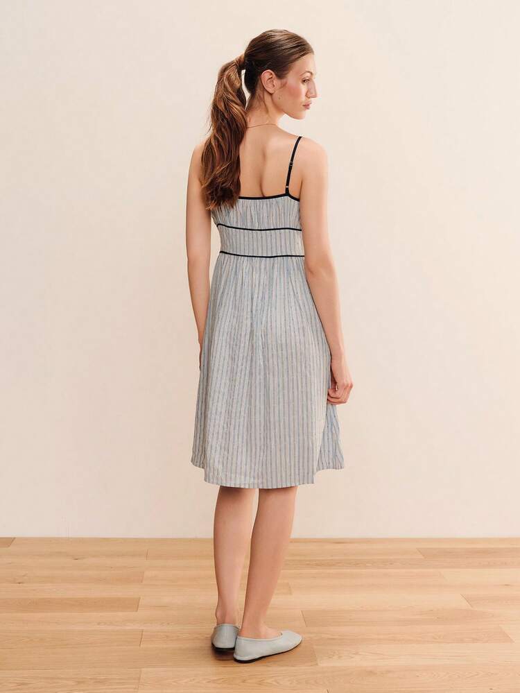 Blue Stripe Midi Summer Dress With Contrast Piping Detail And Bow Cute Vintage Casual Holiday Dress