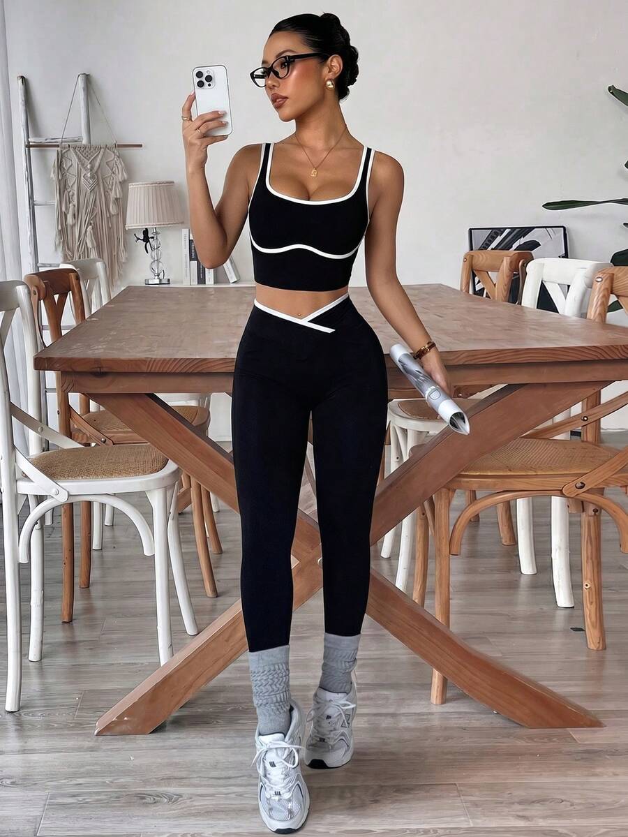 Breezaya Women's Yoga Colorblock Seamless Sports Set Workout Legging Two Piece Set Athletic Two Piece Set Fitness Outfit Two Piece Workout Set Active Two Piece Set Black Two Piece Athletic Setworkout Set - Black - View 1
