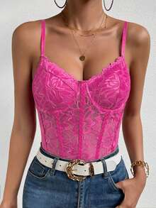 SHEIN Glamour Áo liền thân hai dây ren màu trơn gợi cảm dành cho nữ, thích hợp cho mùa hè. - Màu Hồng Tươi - Xem 6