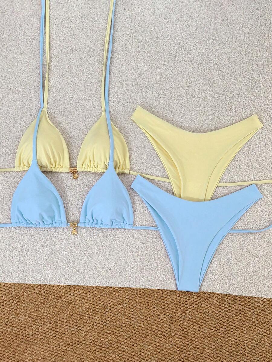Swim Mod Bộ bikini 4 mảnh nhiều màu vàng + xanh dương buộc dây cổ, thích hợp cho kỳ nghỉ biển mùa xuân/hè 2026. - Nhiều màu - Xem 1