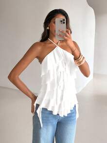 Aloruh Áo nữ thanh lịch, lãng mạn, cổ buộc dây, xếp lớp, màu trắng, thích hợp cho kỳ nghỉ hoặc hẹn hò. - trắng - Xem 7