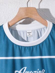 SHEIN 青少年男孩数字印花圆领短袖T恤和短裤休闲套装 - 綠色 - 查看 9