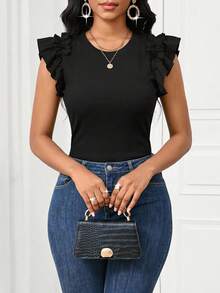 SHEIN Lady Áo thun tay ngắn màu trơn thường ngày mùa hè cho nữ - màu đen - Xem 1