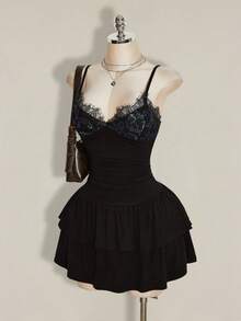 SHEIN ICON Women's Elegant Lace Patchwork Double-Layer Ruffle Hem Dress,Dresses For Women Summer - Black - View 1