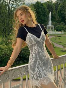 SHEIN MOD Plus Size Lace 2 In 1 Black & White Short Dress - White - View 7