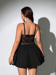 Viva Relle Plus Size Women's Black Lace Sexy Hollow Out Elastic Casual French Style Knit Dress, Versatile Comfortable Layering Piece Date Night Summer - Black - View 3