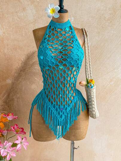 Soleia Bộ đồ đi nghỉ mát dành cho nữ, màu trơn, có tua rua ở gấu áo, cổ yếm, áo croptop và quần đùi tam giác bằng vải dệt kim, kiểu dáng gợi cảm.