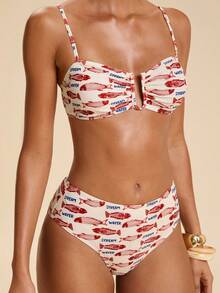 Travachic Conjunto de bikini y calzoncillos triangulares con tirantes finos y estampado todo sobre todo para mujer, ideal para la playa de verano - Multicolor - Ver 5