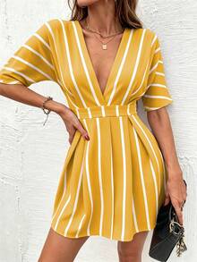 Calvaya Vestido mini sexy de mujer con cuello en V profundo y mangas cortas a rayas - Amarillo - Ver 5