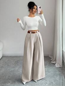 SHEIN Elenzya Women's Casual Everyday Office Commute Minimalist Solid Color Pleated Loose Wide Leg Pants, Belt Not Included - Grey - View 3