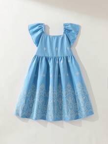 Maija Kids Maija Kids 少女刺绣方领荷叶袖可爱连衣裙 - 藍色 - 查看 4