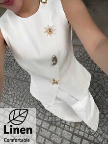 Aloruh 女士春夏新款杏色纯色亚麻西装背心外套，斜领设计，金属纽扣装饰，优雅休闲职业装 - 杏色 - 查看 1