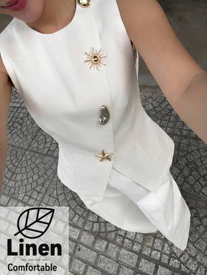 Aloruh Áo khoác blazer nữ mùa xuân/hè màu mơ trơn bằng vải lanh, thiết kế ve áo xéo, trang trí cúc kim loại, trang phục công sở thanh lịch thường ngày.