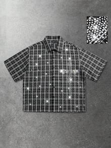 ROMWE MEN Men's Sparkling Rhinestone Cross Plaid Print Short Sleeve Shirt - Black - View 1