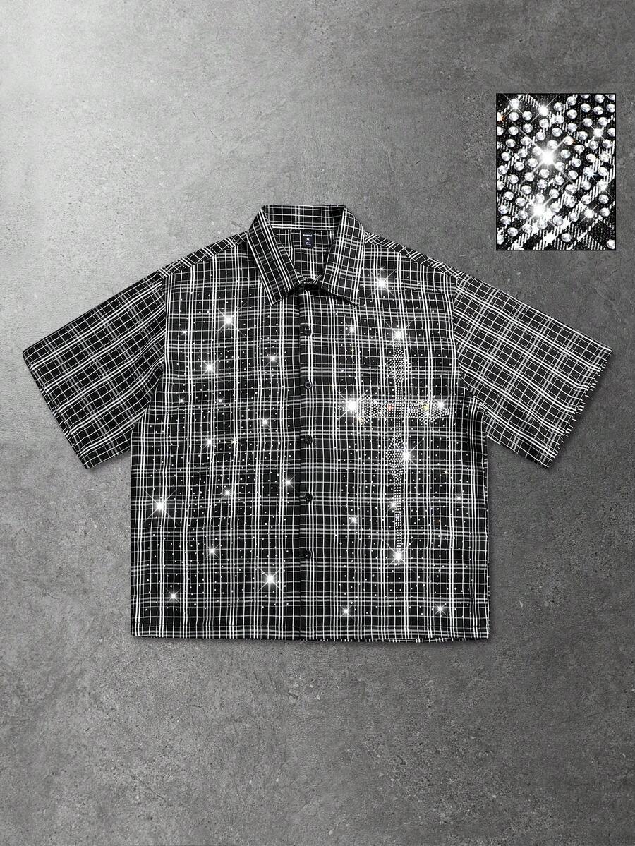 ROMWE MEN Men's Sparkling Rhinestone Cross Plaid Print Short Sleeve Shirt - Black - View 1