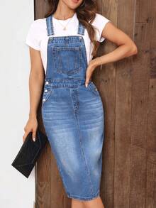 SHEIN PETITE Đầm yếm denim dáng suông cho nữ nhỏ nhắn, có túi. - Màu xanh lam - Xem 3
