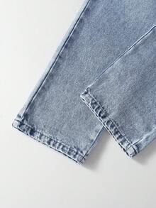 SHEIN Elladie kids Young Girls' Casual Jeans,Back-To-School Light Blue Vintage Distressed Denim,Elastic Waist Asymmetric Design,Bow Embroidered Pocket Straight Leg Pants - Light Wash - View 7