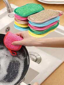 5/10 PCS Random Colors Colorful Ultra Thin Fiber Sponges Double Sided Stainless Steel Pads Soft Brushes Non Scratch For Pots Stoves Assorted Colors Kitchen Supplies - multicolor - View 3