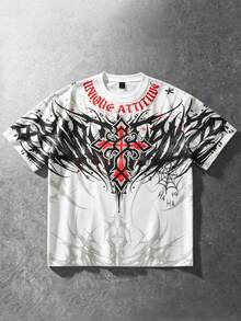 ROMWE MEN Goth 2026 Men's Casual Fashionable Printed T-Shirt, Round Neck Short Sleeve Top, Spring/Summer New Arrival - White - View 5