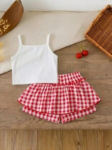 SHEIN LMoss Kids 女童 2 件組 紅白拼接草莓圖案細肩帶上衣與草莓印花短褲 夏季度假可愛套裝 - 彩色 - 查看 7