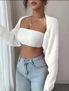 SHEIN ChicEase كارديجان قصير بأكمام خفاشية بلون موحد للنساء بمقاسات كبيرة، كاجوال للعطلات والتنقل في الربيع/الخريف، بتصميم بسيط وعملي للشتاء - أبيض - مشاهدة 3