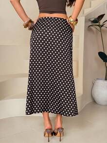 SHEIN PETITE Chân váy dài dáng đuôi cá chấm bi màu nâu cà phê bằng vải satin, thanh lịch dành cho nữ, thích hợp cho năm mới và tiệc tùng. - màu nâu - Xem 2