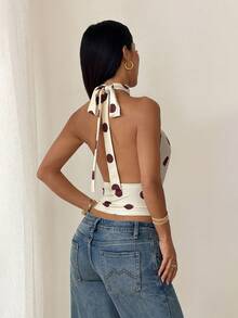 SHEIN PETITE Áo hai dây hở lưng cổ yếm in chấm bi thời trang dành cho nữ, thích hợp cho các buổi đi chơi, phong cách đường phố, thời trang Y2K, áo chấm bi. - Màu vàng - Xem 10