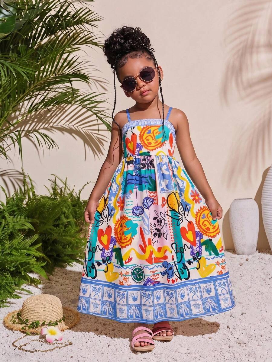 SHEIN Young Girls' Sleeveless Colorblock Allover Print Fashion Dress, Summer - Blue - View 1
