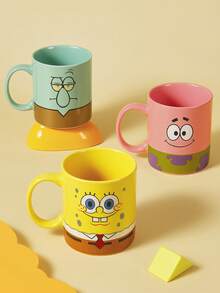 SpongeBob SquarePants | SHEIN 1 chiếc cốc sứ in hình hoạt hình 300ml, an toàn khi sử dụng trong lò vi sóng và máy rửa chén, thích hợp đựng nước, sữa, nước ép, cà phê, trà. - Màu Hồng baby - Xem 8