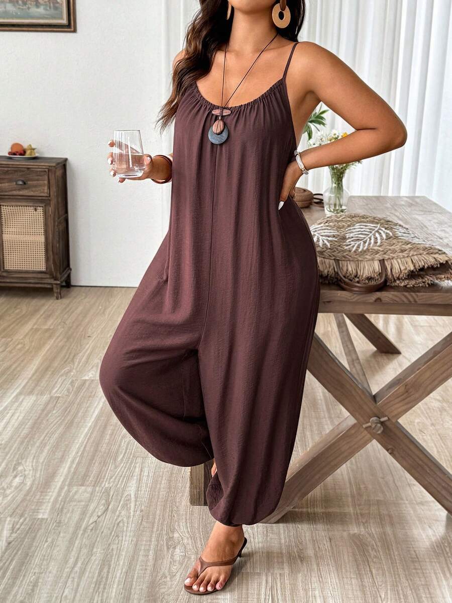 Weeklong Bộ jumpsuit xếp ly dáng rộng, thoải mái, có họa tiết. - màu nâu - Xem 1