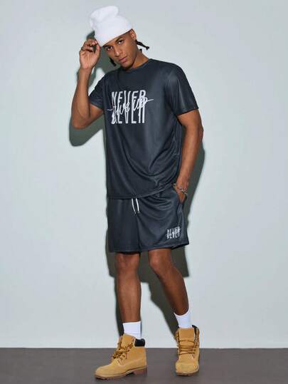 Modcrash 2pcs/Set Men's Letter Print T-Shirt + Sports Drawstring Waist Shorts, Summer Outdoor Sports Outfit