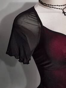 SHEIN ICON Plus Size Women's Retro Dark Gothic Sweetheart Neckline Mesh Slim Fit Dress,Black,Summer,Goth,Night Out Club Red And Black Color Block Y2K Elegant - Multicolor - View 7