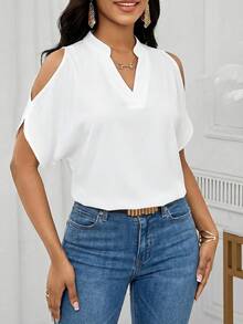 SHEIN Lady 净色露肩开叉袖衬衫白衬衫 - 白色 - 查看 3