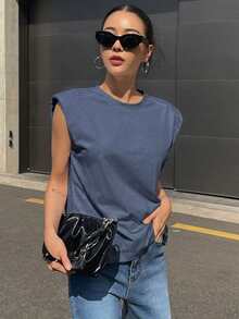 DAZY Summer Casual Solid Color Round Neck Loose Fit T-Shirt - Dusty Blue - View 3