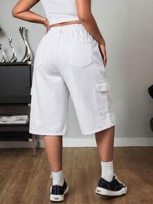 SHEIN ICON 宽松直筒水洗蓝色工装裤，带大口袋 - 白色 - 查看 2