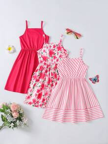 SHEIN 3件套女童卡通独角兽冰淇淋印花舒适吊带连衣裙，适合儿童派对、度假、夏季穿着，也可作为姐妹装礼物 - 彩色 - 查看 2