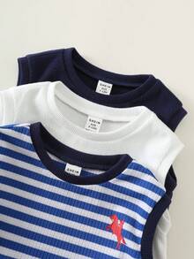SHEIN 3pcs Set Pakaian Bayi Laki-laki Baru Lahir Musim Panas Motif Garis-garis Lucu, Romper Rajut Tanpa Lengan dan Celana Pendek Dasar - MultiWarna - View 4