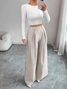 SHEIN Elenzya Women's Casual Everyday Office Commute Minimalist Solid Color Pleated Loose Wide Leg Pants, Belt Not Included - Grey - View 5